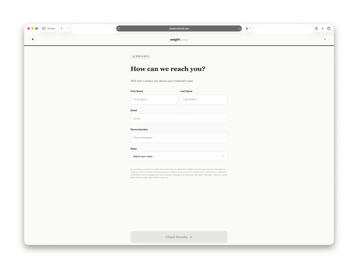 Screenshot of the SMS opt-in consent notice shown during the Weight Method intake quiz
